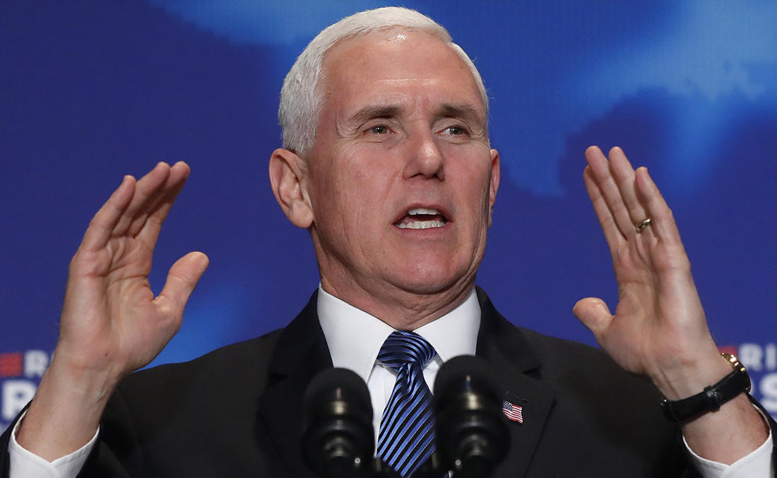 Vice President Mike Pence speaks at an America First Policies “Tax Cuts to Put America First” event in Detroit on March 2, 2018. (AP)