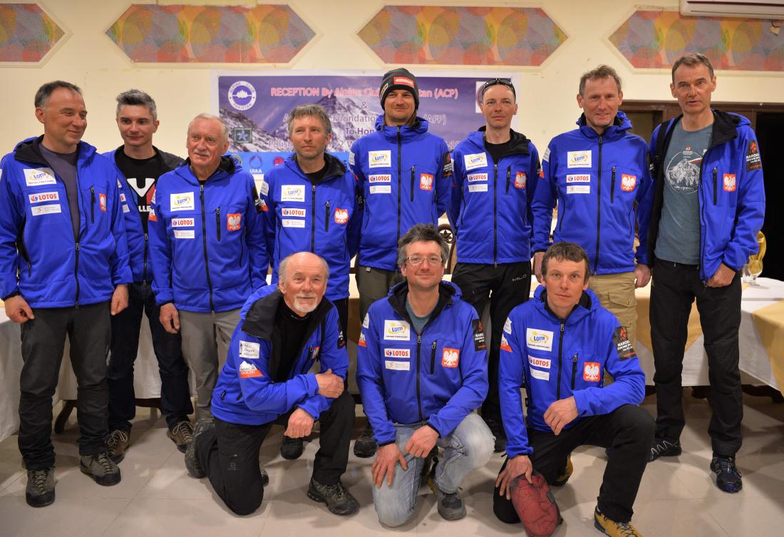 This picture taken on March 16, 2018 shows the team of Polish climbers posing for a photograph before sharing their experience after attempting to summit the Pakistani K2 mountain in Islamabad. (AFP)