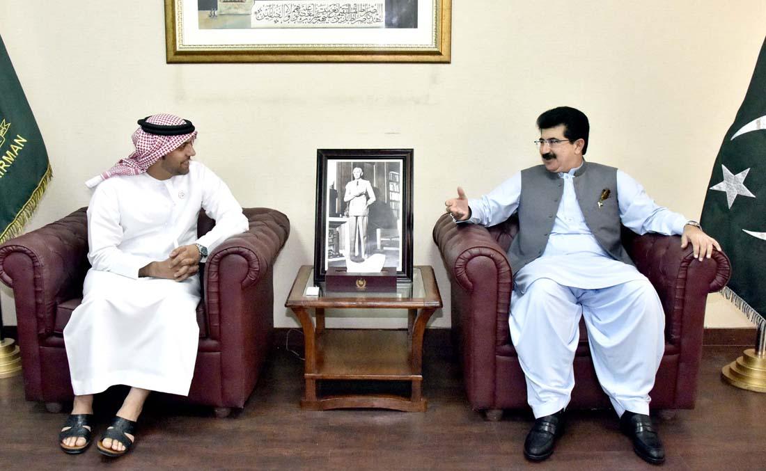 Senate Chairman Muhammad Sadiq Sanjrani exchanging views with the UAE Ambassador Hamad Obaid Ibrahim Salem Al-Zaabi. (Photo courtesy: Pakistani Senate)