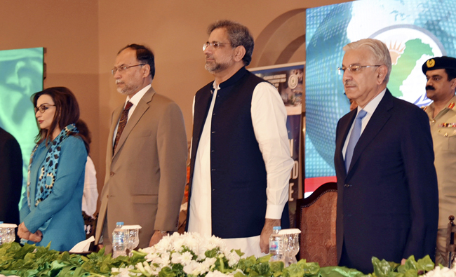 Pakistani Prime Minister Shahid Khaqan Abbasi, center, attends the International Counter Terrorism Forum in Islamabad, Pakistan. (AP)