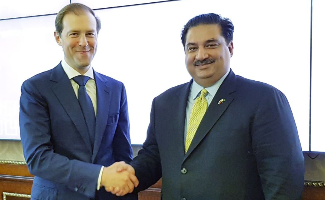 Pakistan’s Defense Minister of Pakistan Engineer Khurram Dastgir Khan held a bilateral meeting with Minister for industry and Trade of the Russian Federation Mr. Denis Manturov, on Friday, in Moscow. (Photo courtesy: Ministry of Defense)
