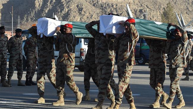 Pakistani paramilitary soldiers carry the coffins of their colleagues who were killed in a roadside blast during their funeral in Quetta on January 18, 2016. (AFP)