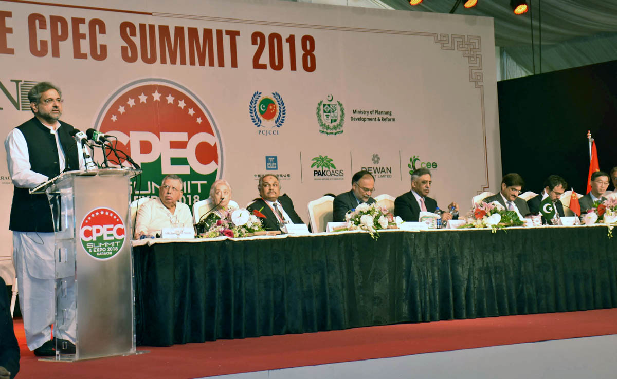 Prime Minister of Pakistan, Shahid Khaqan Abbasi speaks at the inaugural session of CPEC Summit and Expo 2018 in Karachi. (AN photo)