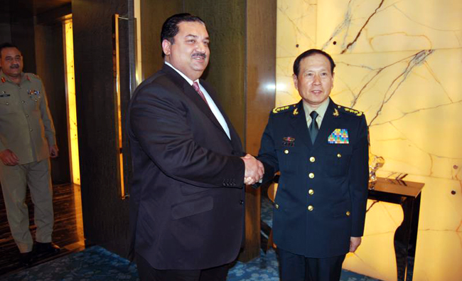 Pakistani Defense Minister Khurram Dastgir Khan shaking hands with his Chinese counterpart Wei Fenghe. (Photo courtesy: Defense Ministry)