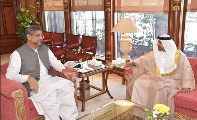 Ambassador of UAE in Pakistan Mr. Hamad Obaid Alzaabi, called on the Prime Minister of Pakistan Mr. Shahid Khaqan Abbasi, on Wednesday, and discussed the bilateral relations between the two countries and ways to further strengthen it in all fields.(Photo courtesy: UAE embassy twitter)