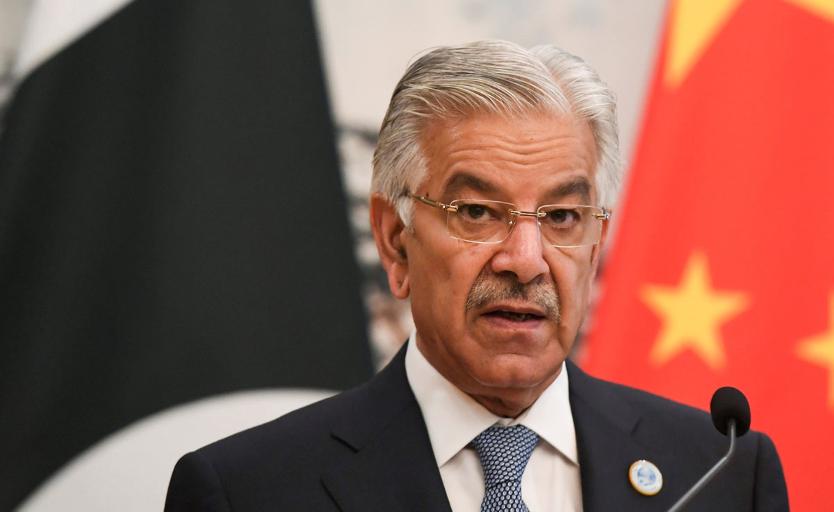 Pakistan’s Foreign Minister Khawaja Muhammad Asif speaks during his press conference at the Diaoyutai State Guest House in Beijing, China, April 23, 2018. (Pool via Reuters)