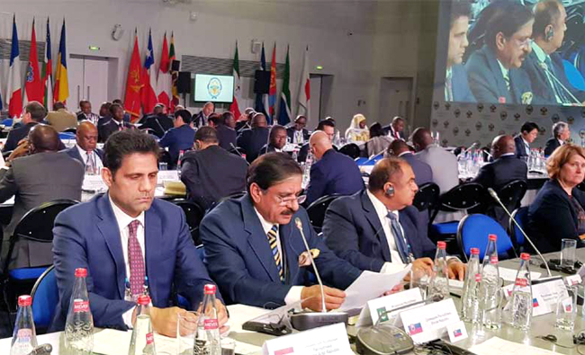 Pakistani National Security Advisor Nasser Khan Janjua addressing the ninth International Meeting of High-Level Officials Responsible for Security Matters in Sochi, Russia. (Photo courtesy: NSA’s office)