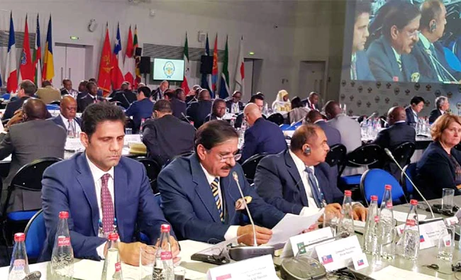 Pakistani National Security Advisor Nasser Khan Janjua addressing the ninth International Meeting of High-Level Officials Responsible for Security Matters in Sochi, Russia. (Photo courtesy: NSA’s office)