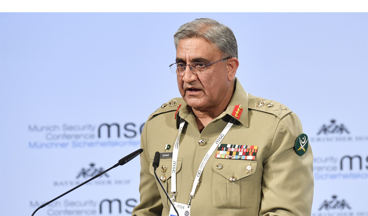 In this file photo, Pakistan’s Chief of Army Staff Qamar Javed Bajwa gives his speech on day two of the 54th Munich Security Conference (MSC) in Munich, southern Germany, on Feb. 17, 2018. (AFP)