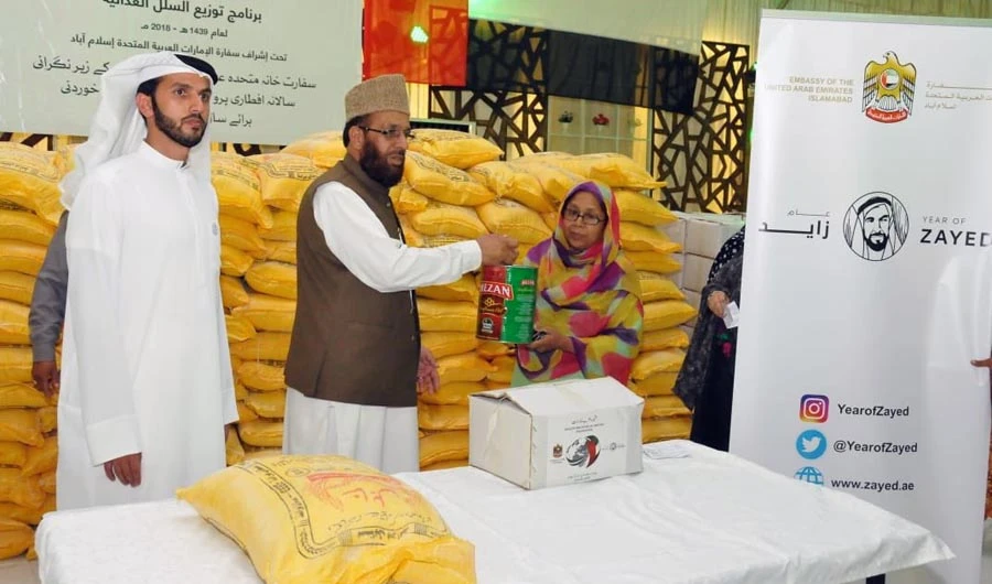 Deputy Head Mission of UAE Embassy in Islamabad Abdul Aziz AlNeyadi and Pakistan’s Federal Minister for Religious Affairs Sardar Yousuf, launched the distribution of Ramadan food packages in Islamabad. (Photo courtesy: UAE Embassy)