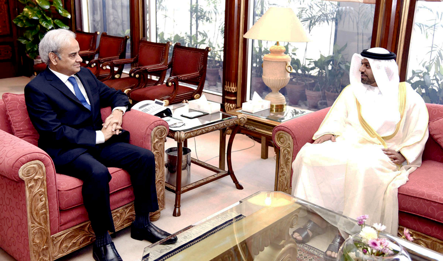 UAE ambassador to Pakistan Hamad Obaid Ibrahim Salem Al-Zaabi visits Prime Minister, Justice (Retired) Nasir-ul-Mulk. (Photo courtesy: Press Information Department)