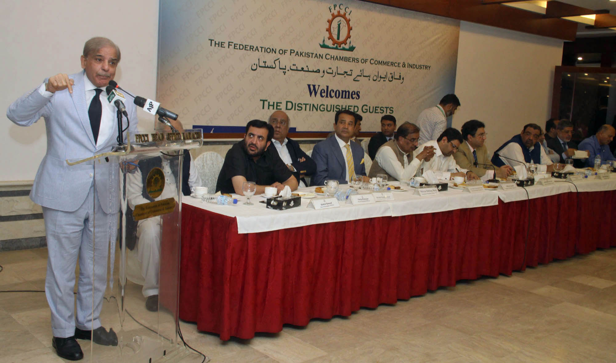 In this file photo, Pakistan Muslim League-Nawaz (PML-N) chairman, Shehbaz Sharif, addressing businessmen at a hotel in Karachi on Monday. Shehbaz Sharif started his party’s election campaign-2018 from Karachi on June 25, 2018. (AN photo by M.F. Sabir)