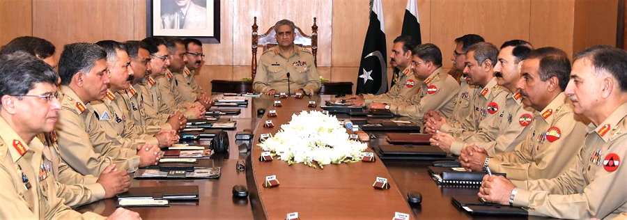 Corps Commanders Conference chaired by the Chief of Army Staff Qamer Javed Bajwa met on Wednesday at the army GHQ, and agreed to deploy troops during general elections 2018 scheduled on 25 July. Election Commission of Pakistan (ECP) requested this week the army to deployment 350,000 of it troops . ( Photo courtesy : ISPR)