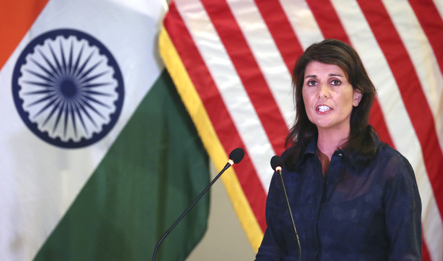 US Ambassador to the United Nations Nikki Haley speaks to the members of an Indian think tank in New Delhi, India, on June 28, 2018. (AP)