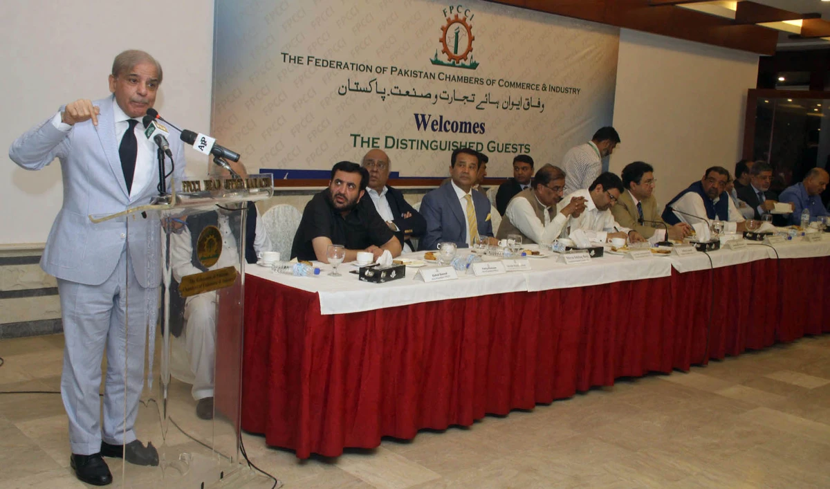 In this file photo, Pakistan Muslim League-Nawaz (PML-N) chairman, Shehbaz Sharif, addressing businessmen at a hotel in Karachi on Monday. Shehbaz Sharif started his party’s election campaign-2018 from Karachi on June 25, 2018. (AN photo by M.F. Sabir)