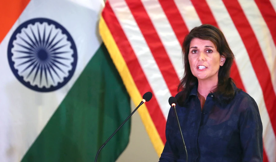 US Ambassador to the United Nations Nikki Haley speaks to the members of an Indian think tank in New Delhi, India, on June 28, 2018. (AP)