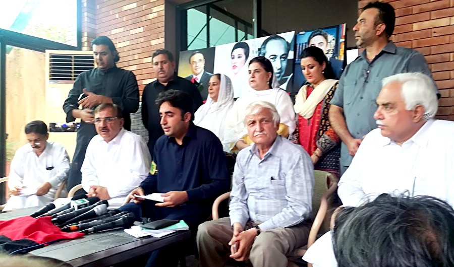PPP chairman Bilawal Bhutto Zardari and other party leaders addressed a news conference in Peshawar on Saturday. (AN Photo)