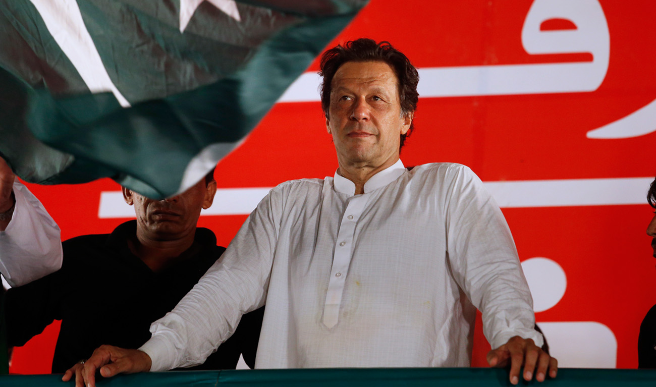 Pakistani politician Imran Khan, chief of Pakistan Tehreek-e-Insaf party, arrives to address an election campaign rally in Islamabad, Pakistan, Saturday, July 21, 2018. (ANJUM NAVEED/AP)