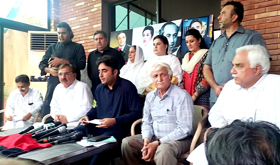 PPP chairman Bilawal Bhutto Zardari and other party leaders addressed a news conference in Peshawar on Saturday. (AN Photo)