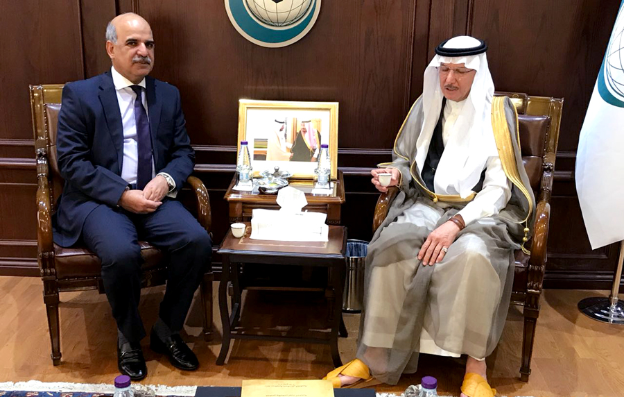 Pakistani Ambassador Khan Hasham bin Saddique with OIC Secretary-General Dr. Yousaf Al-Othaimeen. (Photo/Supplied)