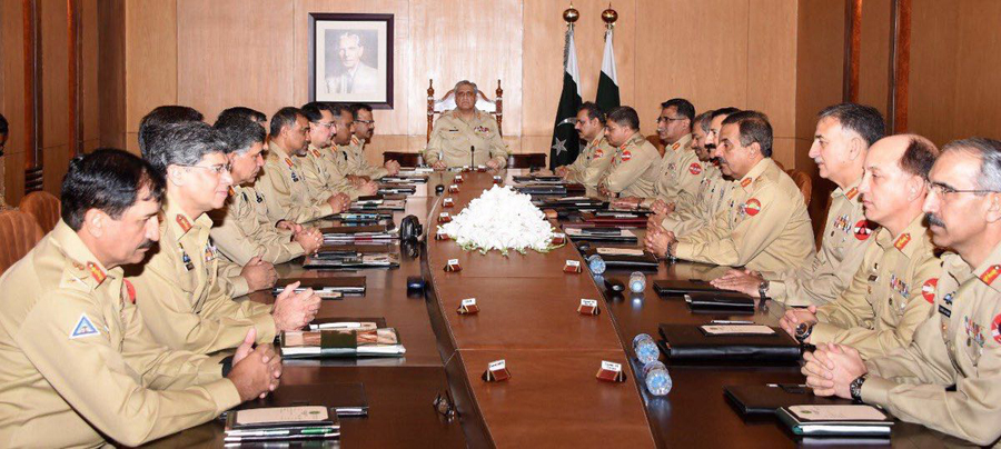 Chief of Army Staff Gen. Qamar Javed Bajwa chairing the 212th Corps Commanders’ Conference at the General Headquarters in Rawalpindi on Wednesday. (Photo courtesy: Inter Services Public Relations)