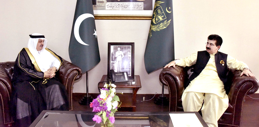 Pakistani Senate Chairman Sadiq Sanjrani exchanging views with Saudi Ambassador Nawaf Al-Malki in Parliament House. (Photo by Sanjrani’s office)