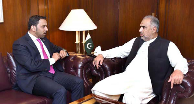 UAE Ambassador meets with Pakistan's elected Speaker National Assembly Asad Qaiser in Parliament House. (APP)