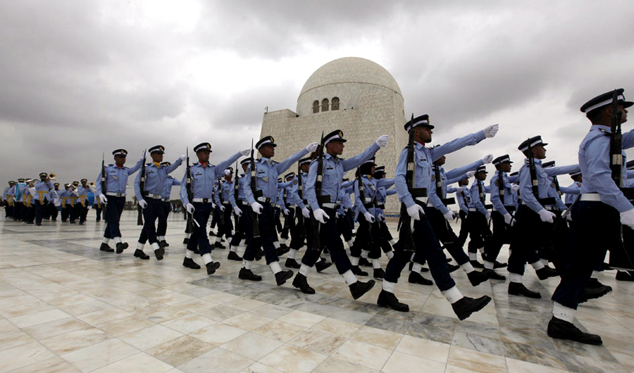 In this file photo, Members of Pakistan’s air force march past the mausoleum of Muhammad Ali Jinnah during Defense Day ceremonies in Karachi, Pakistan. (REUTERS)