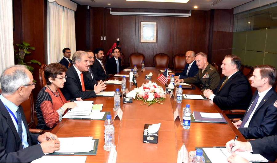 US Secretary of State Mike Pompeo with his delegation at Pakistan's Foreign Ministry. (Photo by Foreign Office)