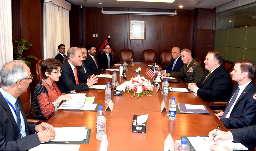 US Secretary of State Mike Pompeo with his delegation at Pakistan's Foreign Ministry. (Photo by Foreign Office)