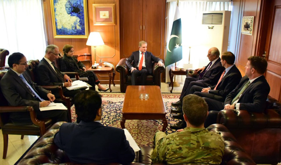 The US delegation led my Ambassador Zalmay Khalilzad , US Special Representative on the Afghan Reconciliation, meets Pakistan Foreign Minister Shah Mahmood Qureshi in Islamabad on Monday. (Photo courtesy: Pakistan Foreign Office)
