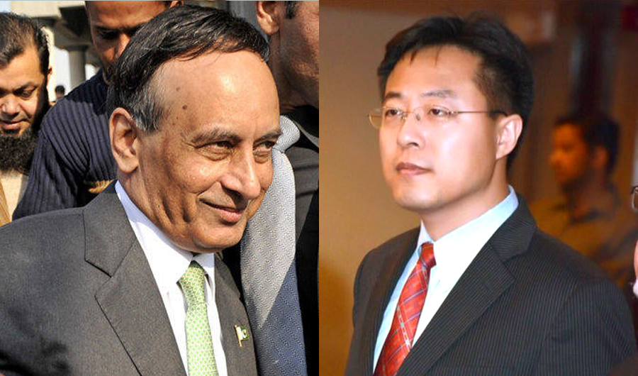 The combo shows Husain Haqqani, left, and Lijian Zhao. (AFP and @zlj517/Twitter)