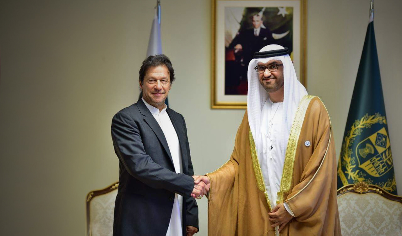 Prime Minister Imran Khan, left, is seen with Sultan Ahmed Al Jaber, Minister For State, Abu Dhabi in Islamabad on Oct. 26, 2018. (Photo courtesy: PTI/Twitter)