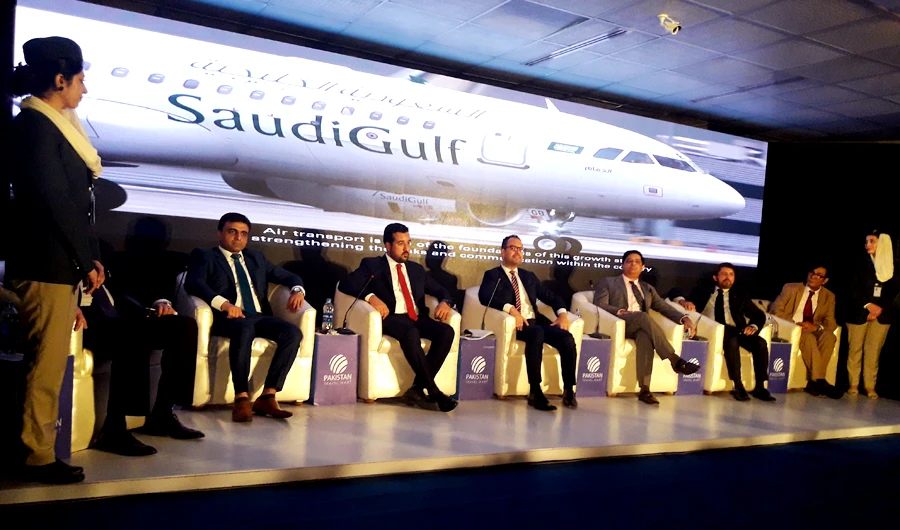 Karim Makhlouf, Chief Commercial Officer of SaudiGulf Airlines (fourth from the right) announces operations for Pakistan to cater for growing market. (AN photo)