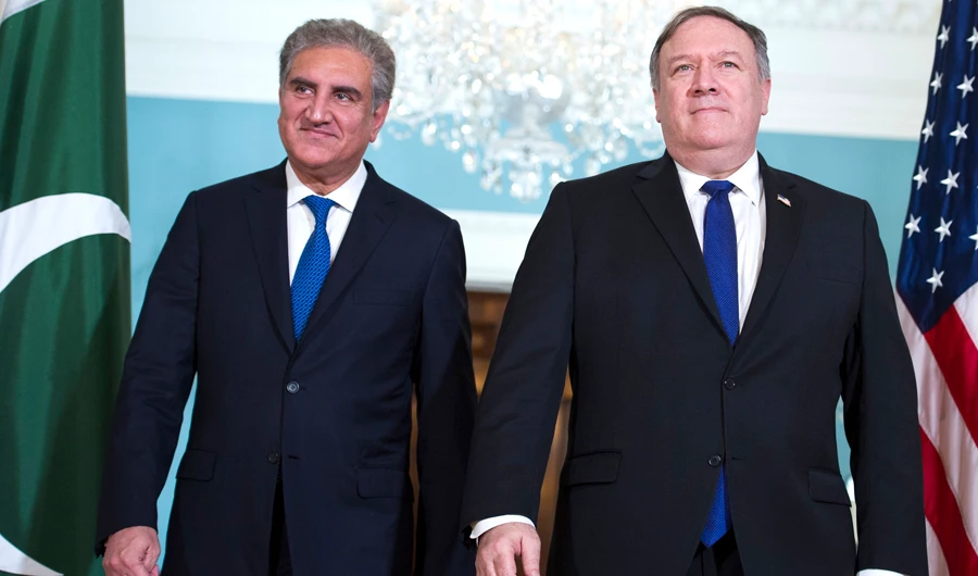 Secretary of State Mike Pompeo, right, meets Pakistani Foreign Minister Makhdoom Shah Mahmood Qureshi at the State Department in Washington, on Oct. 2, 2018. (AP Photo/Cliff Owen)