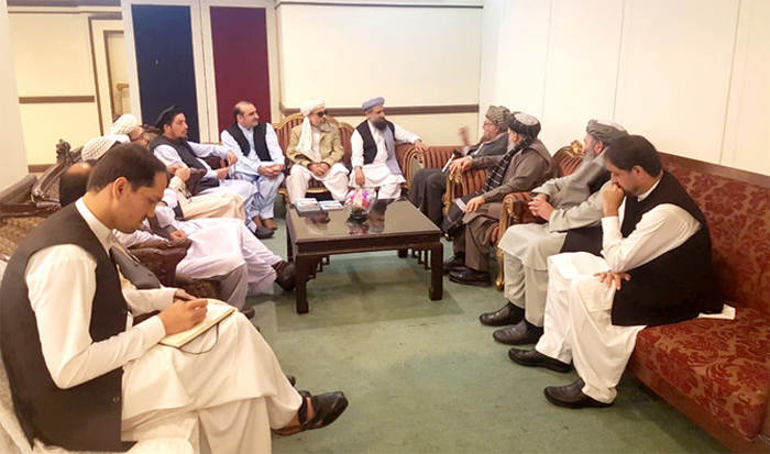 Recent photo of a group of Afghan Ulema delegation meeting with Maulana Sami-ul-Haq and seeing his mediation between the Taliban and the Afghan government. THe meeting took place in Islamabad on Oct 03, 2018. (Photo courtesy: Sami-ul-Haq's office)