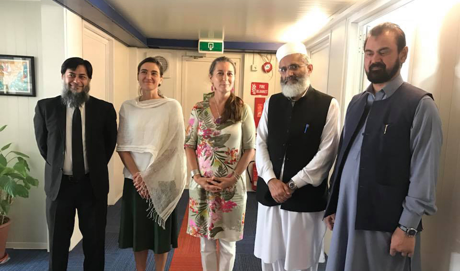Ambassador of Netherlands Ardi Stoios-Braken and Deputy Ambassador Josephine Frantzen meeting Jamaat-e-Islami Chief Senator Sirajul Haq to discuss the possibility of working together on tolerance and inclusive societies. Media reported, on Monday, that Netherlands has temporarily halted visa and passport services in Pakistan, However the ambassador of Netherlands twitted later on Monday that Embassy has resumed its visa and passport services in Pakistan. (Embassy of Netherlands)