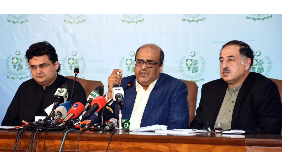 (From left) Iftikhar Durrani, PM’s Special Assistant on Media along with Barrister Shahzad Akbar, Special Assistant to PM on Accountability, and Senator Faisal Javed Khan addressed a press gathering on Monday. Akbar said that a special unit tasked with investigating money laundering efforts has unearthed more than 5,000 fake bank accounts created by Pakistanis for the purpose. (PID photo)