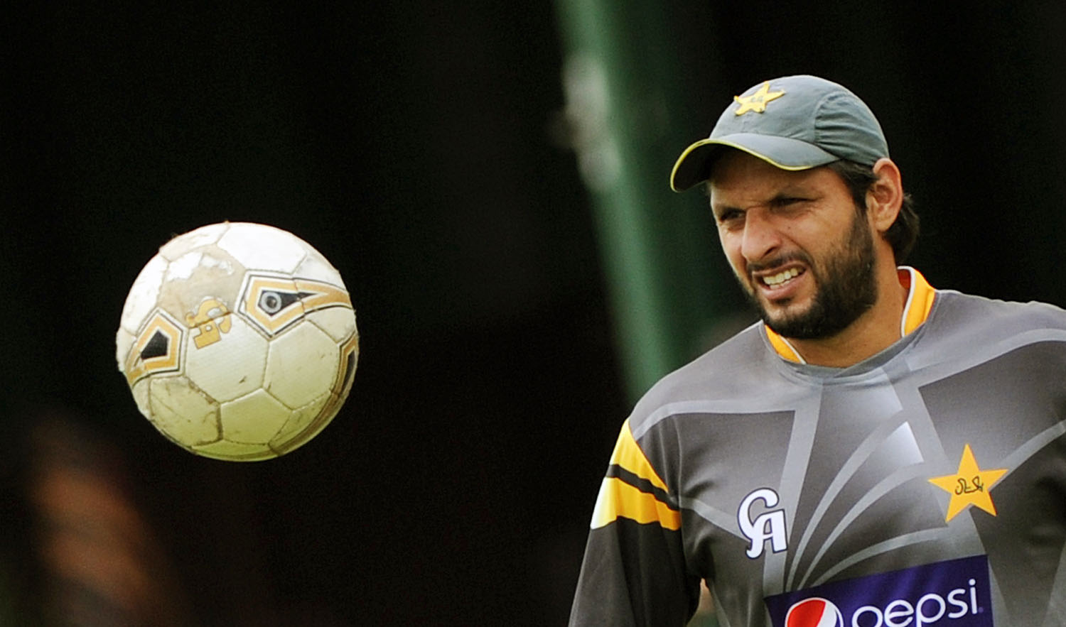 In this file photo, Pakistan cricketer Shahid Afridi plays football during an ICC Twenty20 Cricket World Cup practice session at the P. Sara Oval Cricket Stadium in Colombo on Sept. 27, 2012. (AFP)