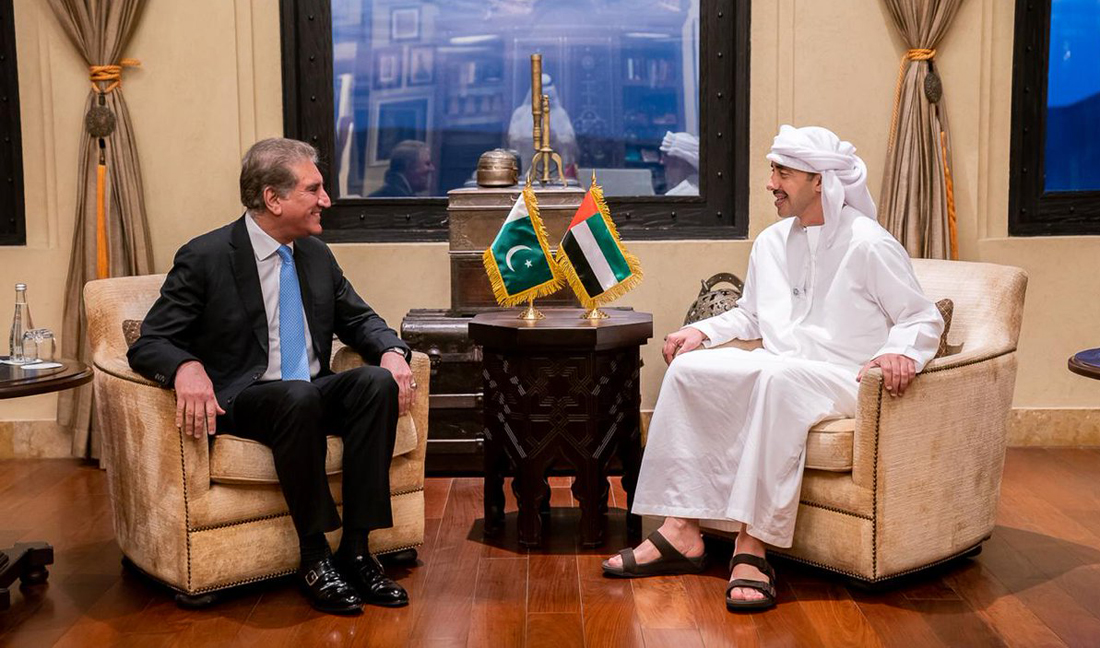 Pakistan’s Foreign Minister Shah Mehmood Qureshi, left, in a meeting with his UAE counterpart Sheikh Abdullah bin Zayed Al Nahyan in Abu Dhabi on Nov. 17, 2018. (Photo Courtesy: Pakistan’s Foreign Office)