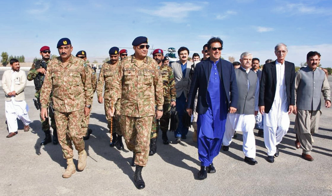 Prime Minister Imran Khan along with the army's top commander, General Qamar Javed Bajwa, during a visit to Miran Shah in North Waziristan, on Monday. (Photo courtesy: ISPR)