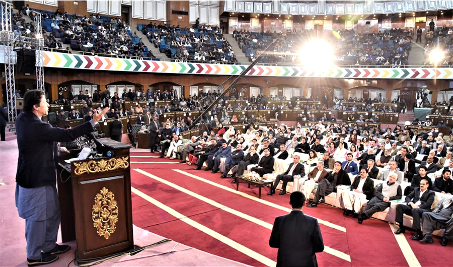 Prime Minister Imran Khan addressing the ceremony of “First 100 Days of the Government” in Islamabad, on Nov. 29, 2018. (PID photo)