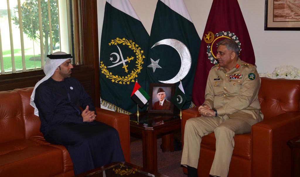 Mr. Hamad Obaid Ibrahim Salem Alzaabi, Ambassador of UAE to Pakistan, left, with Chief of Army Staff General Qamar Javed Bajwa at GHQ on Thursday. (Photo courtesy: ISPR)