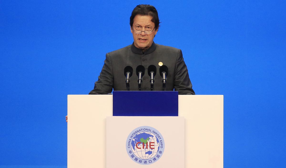 Pakistani Prime Minister Imran Khan speaks at the opening ceremony for the first China International Import Expo (CIIE) in Shanghai, Monday, Nov. 5, 2018. (Pool Photo via AP)