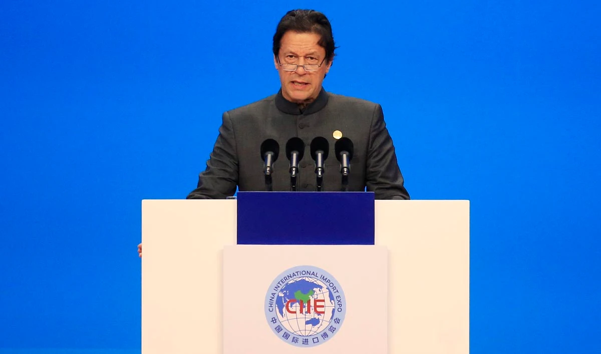 Pakistani Prime Minister Imran Khan speaks at the opening ceremony for the first China International Import Expo (CIIE) in Shanghai, Monday, Nov. 5, 2018. (Pool Photo via AP)