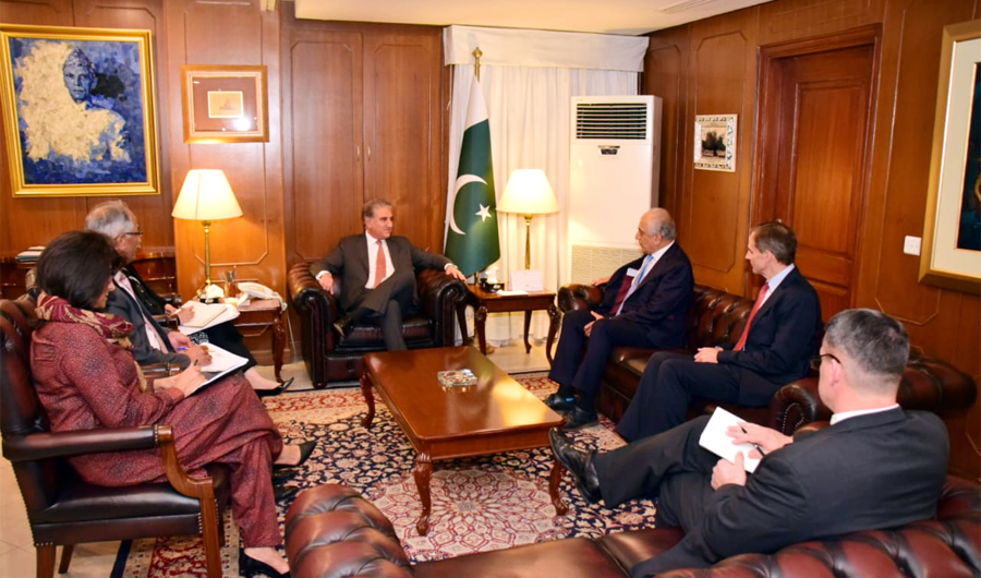 Zalmay Khalilzad, a special representative appointed by the US for the Afghan peace process, holds talks with Pakistan Foreign Minister Shah Mahmood Qureshi and Foreign Secretary Tehmina Janjua at the Ministry of Foreign Affairs in Islamabad on Tuesday. (Photo courtesy: Foreign Office)