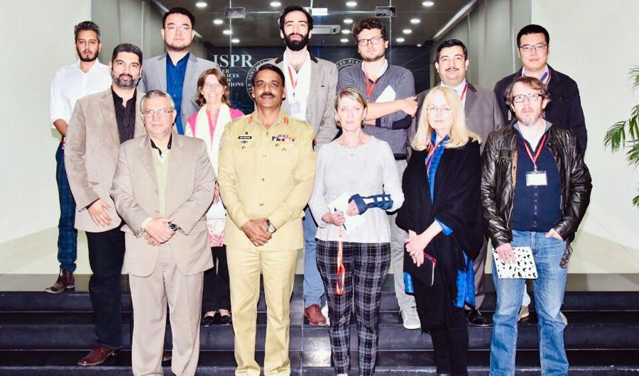 DG ISPR Maj-Gen. Asif Ghafoor can be seen with a group of foreign correspondents based in Pakistan after interacting with them on Tuesday. (Photo courtesy: ISPR)