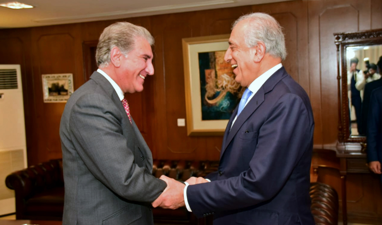 US Special Representative for Afghanistan Ambassador Zalmay Khalilzad with the Foreign Minister of Pakistan Shah Mahmoud Qureshi. According to the Foreign officer in Islamabad, The FM assured ambassador Khalizad Pakistan’s ‘steadfast’ support for a negotiated settlement, after the US side conveyed President Trump’s desire to seek Pakistan’s cooperation for peace and stability in Afghanistan. Islamabad, December 04, 2018 (Photo courtesy: Ministry of Foreign affairs in Islamabad)
