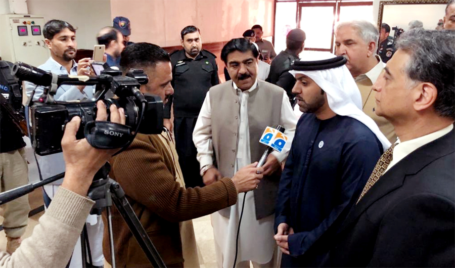 Ambassador of United Arab Emirates to Pakistan Hamad Obaid Al-Zaabi talking to media on Friday, Dec. 21, 2018 in Islamabad. Ambassador Al-Zaabid said that the $3 billion loan to Pakistan from the Abu Dhabi Fund for Development would strengthen Pakistan’s fiscal and monetary policy and lead to financial stability. (Photo credit: UAE Embassy in Islamabad)