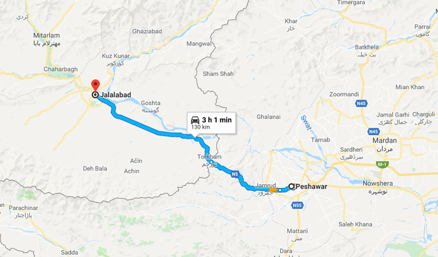 A Google map suggests that it will take over three hours to reach Jalalabad from Peshawar via a car. Ministry of Railways in Islamabad says that a proposed railway link that is currently under study will not only help reduce the traveling time and cost, but also will be useful track to boost the bilateral trade. (Google Maps)